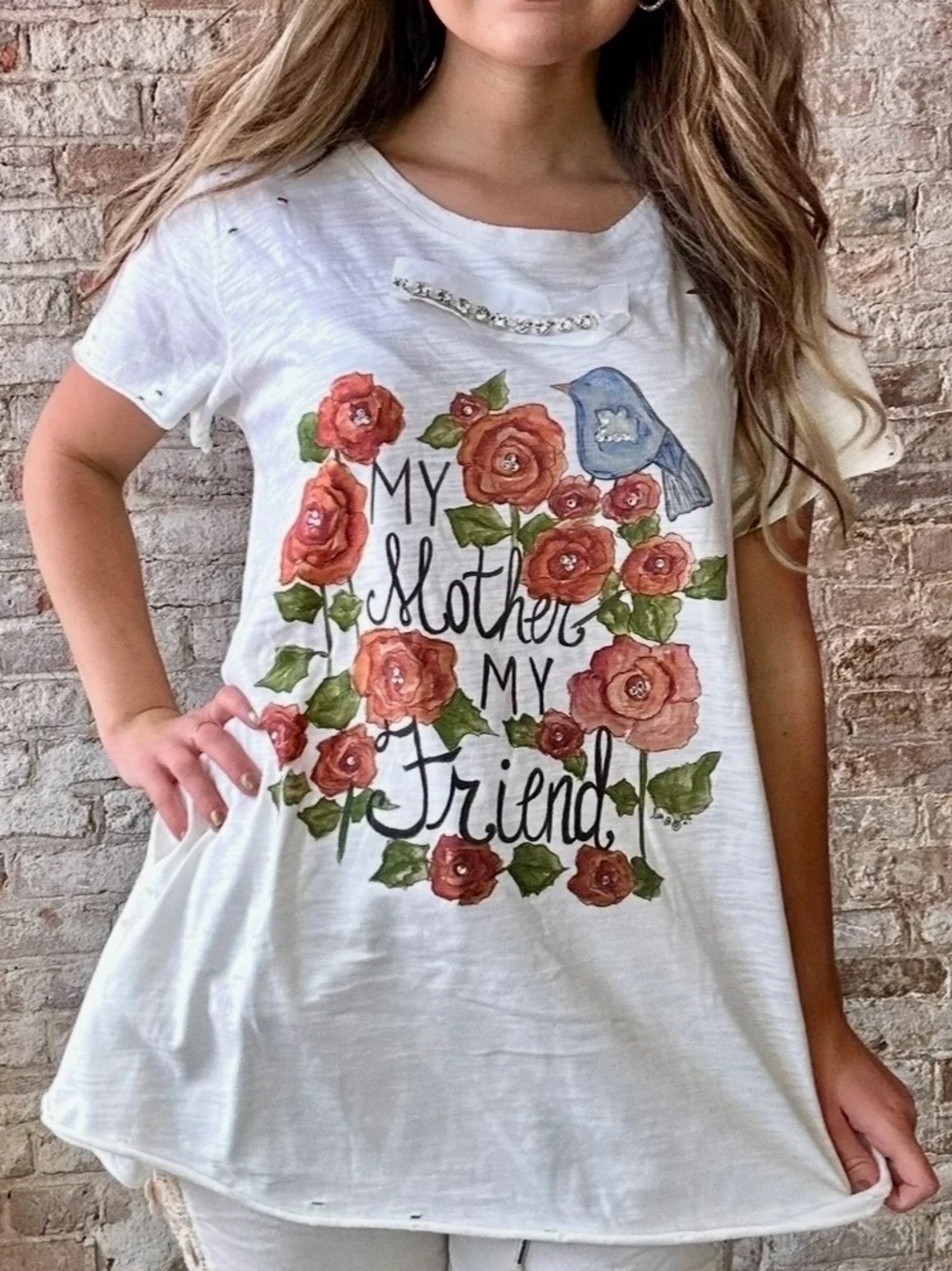 🌹 A Rare Bird My Mother My Friend Floral Bird Distressed Tee S/M